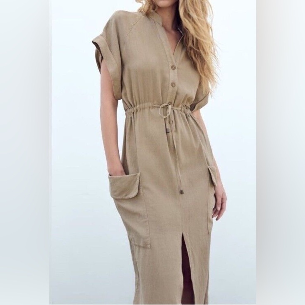 Zara Linen Blend Taupe Utility Midi Dress Small Cargo‎ Drawstring Neutral Beachy